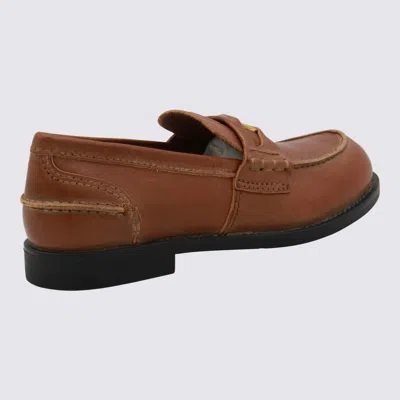 Miu Miu Round Toe Leather Loafers With Stitch Detail In Brown