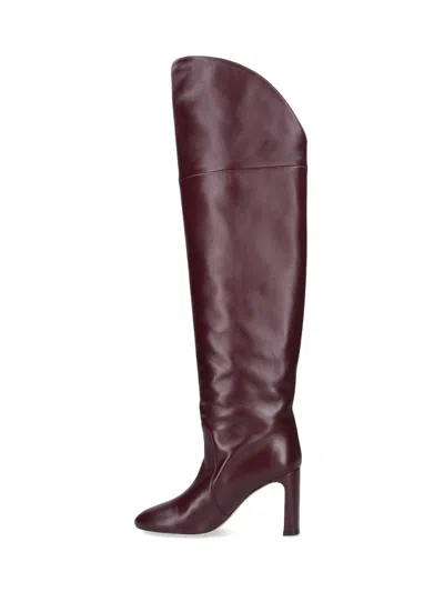Stuart Weitzman Knee-high Brown Leather Boots With Polished Finish In Burgundy