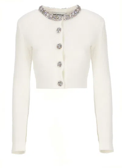 Self-portrait Whirw Cropped Crewneck Cardigan With Crystal Embellishments On Collar And Buttons In Wool Blend Woma In Gray