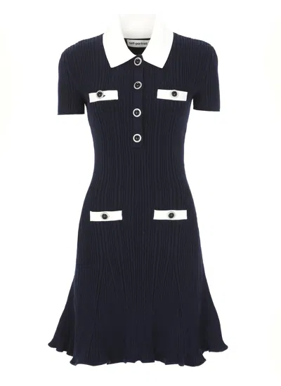 Self-portrait Mini Knitted Dress With Contrasting Collar In Blue