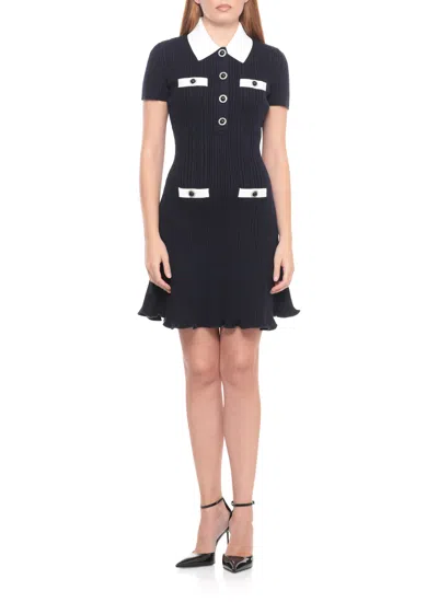 Self-portrait Mini Knitted Dress With Contrasting Collar In Blue