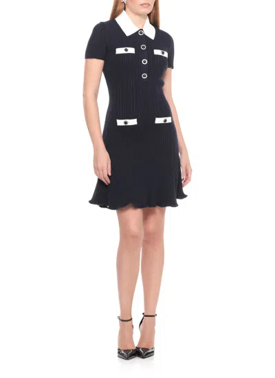 Self-portrait Mini Knitted Dress With Contrasting Collar In Blue