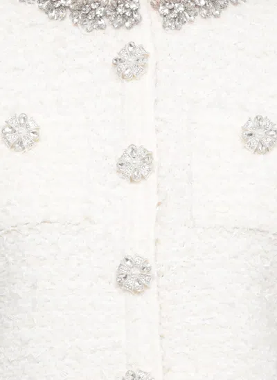 Self-portrait White Crewneck Cropped Cardigan With Crystal Embellishments On The Collar In Cotton Blend Woman In White