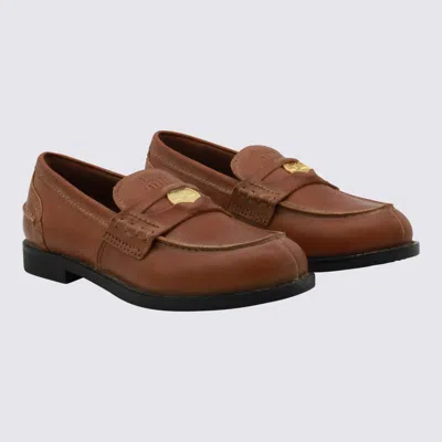 Miu Miu Round Toe Leather Loafers With Stitch Detail In Brown