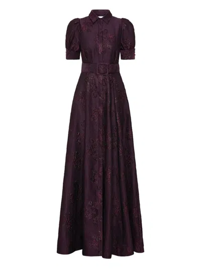 Rebecca Vallance Afina Belted Floral Brocade Gown In Purple