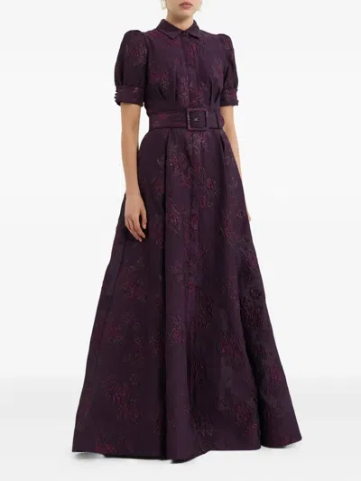 Rebecca Vallance Afina Belted Floral Brocade Gown In Purple