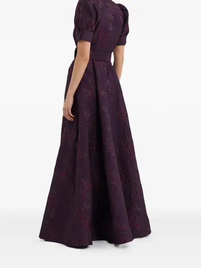 Rebecca Vallance Afina Belted Floral Brocade Gown In Purple