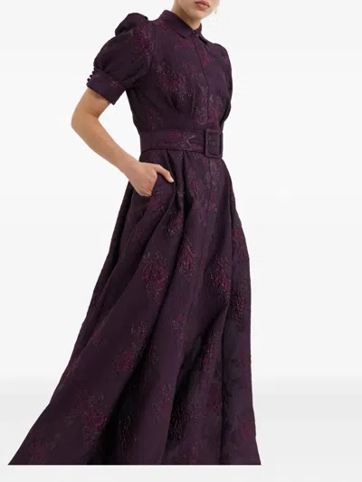 Rebecca Vallance Afina Belted Floral Brocade Gown In Purple