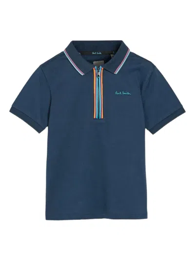 Paul Smith Junior Zip-up Embroidered-logo Polo Shirt In Blue