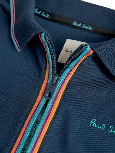 Paul Smith Junior Zip-up Embroidered-logo Polo Shirt In Blue