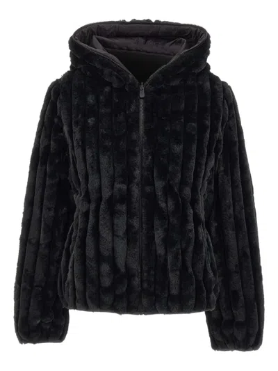 Save The Duck Cropped Black Faux Fur Jacket With High Collar And Textured Ribbed Finish In Black