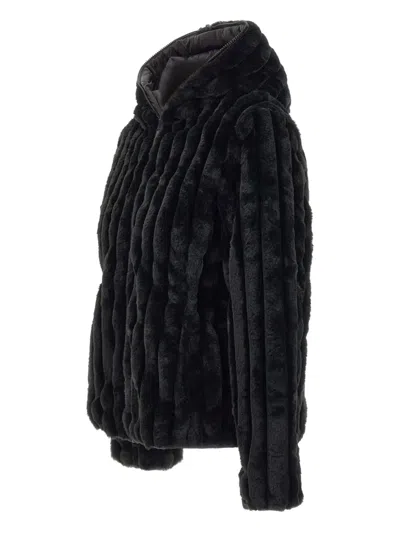 Save The Duck Cropped Black Faux Fur Jacket With High Collar And Textured Ribbed Finish In Black
