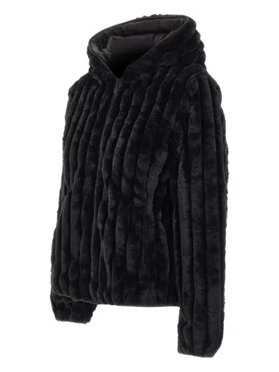 Save The Duck Cropped Black Faux Fur Jacket With High Collar And Textured Ribbed Finish In Black