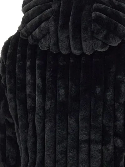 Save The Duck Cropped Black Faux Fur Jacket With High Collar And Textured Ribbed Finish In Black