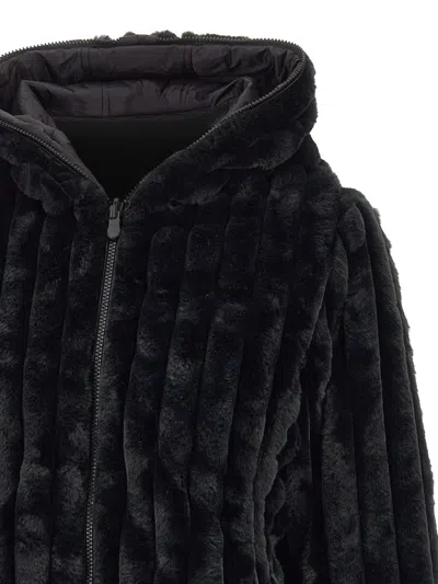 Save The Duck Cropped Black Faux Fur Jacket With High Collar And Textured Ribbed Finish In Black