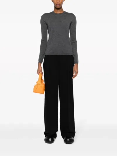 Max Mara Silk Crew Neck Sweater With Ribbed Texture In Gray