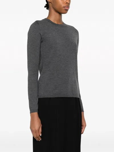 Max Mara Silk Crew Neck Sweater With Ribbed Texture In Gray