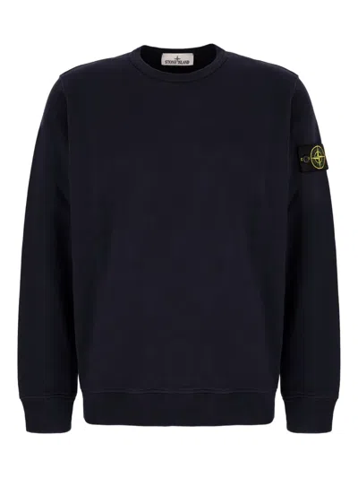 Stone Island Black Long Sleeve Crewneck Sweatshirt With Patch Logo In Blue