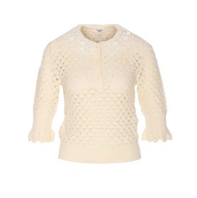 Chloé Textured Knit Crewneck Lace Collar In Nude