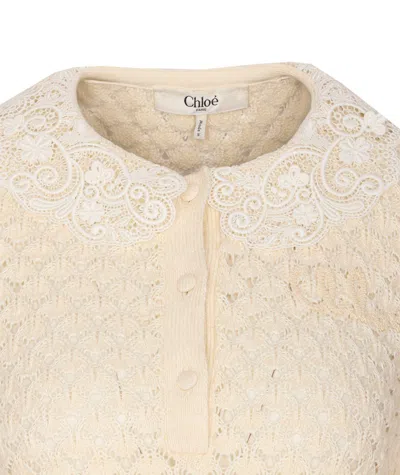 Chloé Textured Knit Crewneck Lace Collar In Nude