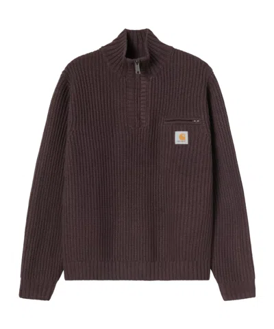 Carhartt High Neck Ribbed Knitwear With Chest Pocket In Burgundy