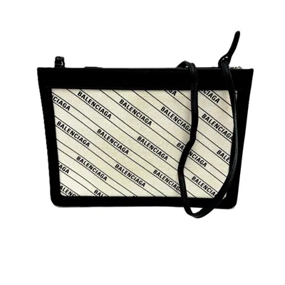 Pre-owned Balenciaga Black White Leather Canvas Pochette Shoulder Bag ()