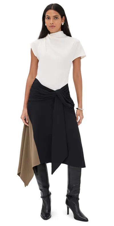 Staud Davina Asymmetric Paneled Color-block Draped Crepe Dress In White