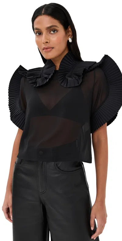 Co Plisse Ruffle Sheer Top In Georgette Black In Black