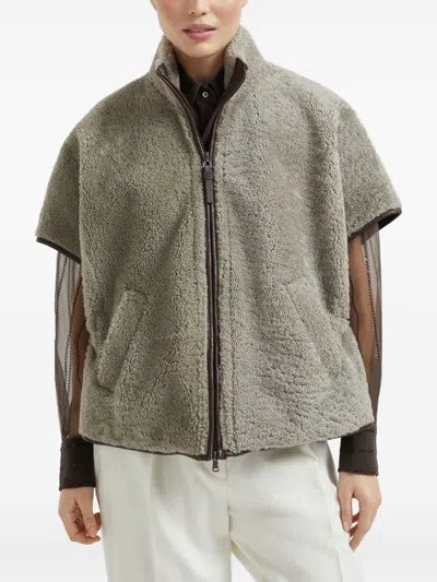 Brunello Cucinelli Brown High-neck Jacket In Gray