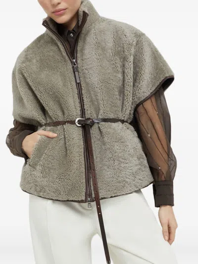 Brunello Cucinelli Brown High-neck Jacket In Gray