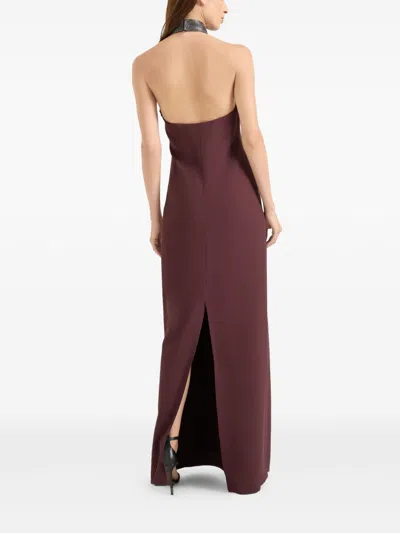 Brunello Cucinelli Halterneck Dress With Beaded Collar In Burgundy