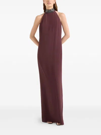 Brunello Cucinelli Halterneck Dress With Beaded Collar In Burgundy