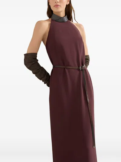 Brunello Cucinelli Halterneck Dress With Beaded Collar In Burgundy