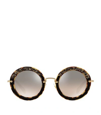 Miu Miu Noir Embellished Round Sunglasses With Suede In Multicolored