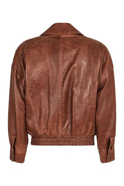 Saint Laurent Collared Bomber Jacket Featuring Elasticated Hem In Brown
