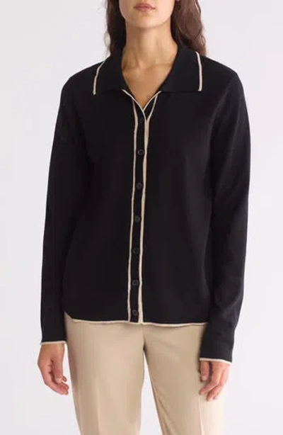 Max Studio Tipped Button Front Cardigan In Black