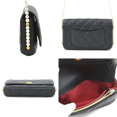 Pre-owned Chanel Black Artificial Pearl Leather Chain/shoulder Wallet ()