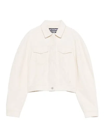 Jacquemus Cropped Denim Jacket Flap Pockets In White