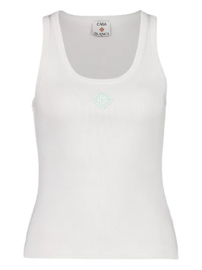 Casablanca Cotton Ribbed Logoed Patch Sleeveless Top In White