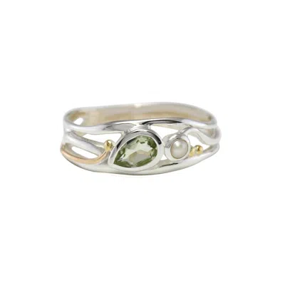 Isla Silver Women's White / Silver / Green Teardrop Green Amethyst & Pearl Silver Ring In Multi