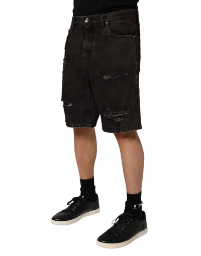 Dolce & Gabbana Black Cotton Tattered Denim Men Bermuda Short In Brown