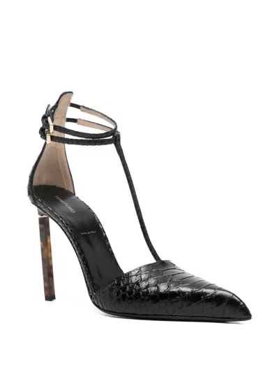 Tom Ford Python Stamped Leather Double Ankle Strap Pumps In Black