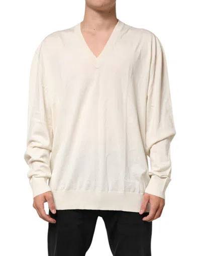 Pre-owned Dolce & Gabbana Ivory Virgin Wool Men V-neck Knit Men's Sweater () In White