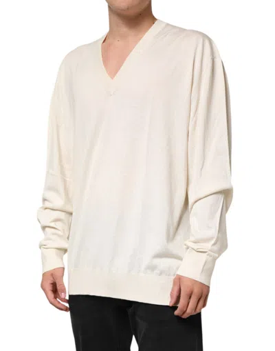 Pre-owned Dolce & Gabbana Ivory Virgin Wool Men V-neck Knit Men's Sweater () In White