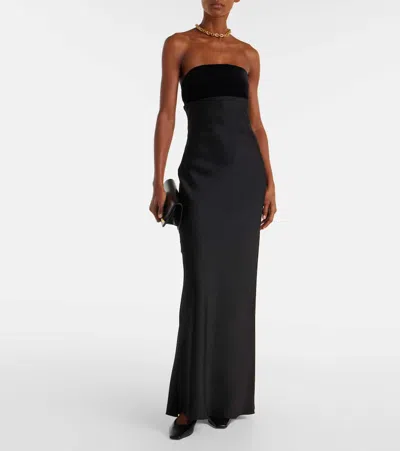 Max Mara Baia Velvet-trimmed Satin Bustier Gown In Black