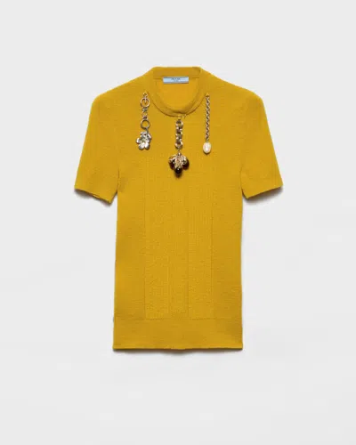 Prada Short Sleeve Wool Sweater With Charms In Yellow