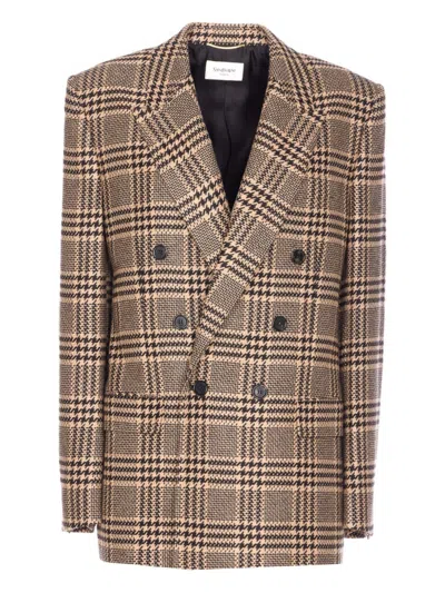 Saint Laurent Double-breasted Checked Silk And Cashmere-blend Blazer In Brown