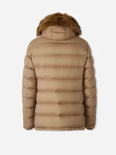 Moncler Clunye Hooded Mid-length Down Jacket In Brown