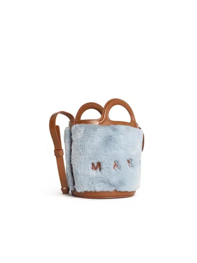 Marni Tropicalia Bucket Handbag In Light Blue Faux Fur In Blue