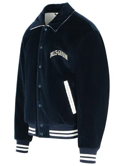 Dolce & Gabbana Cotton Bomber Jacket Ribbed Cuffs In Blue
